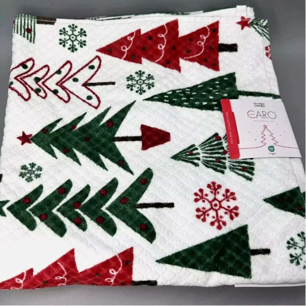4pc Caro Christmas Tree Snowflake 2 Bath 2 Hand Towel Set Green Red White Cotton